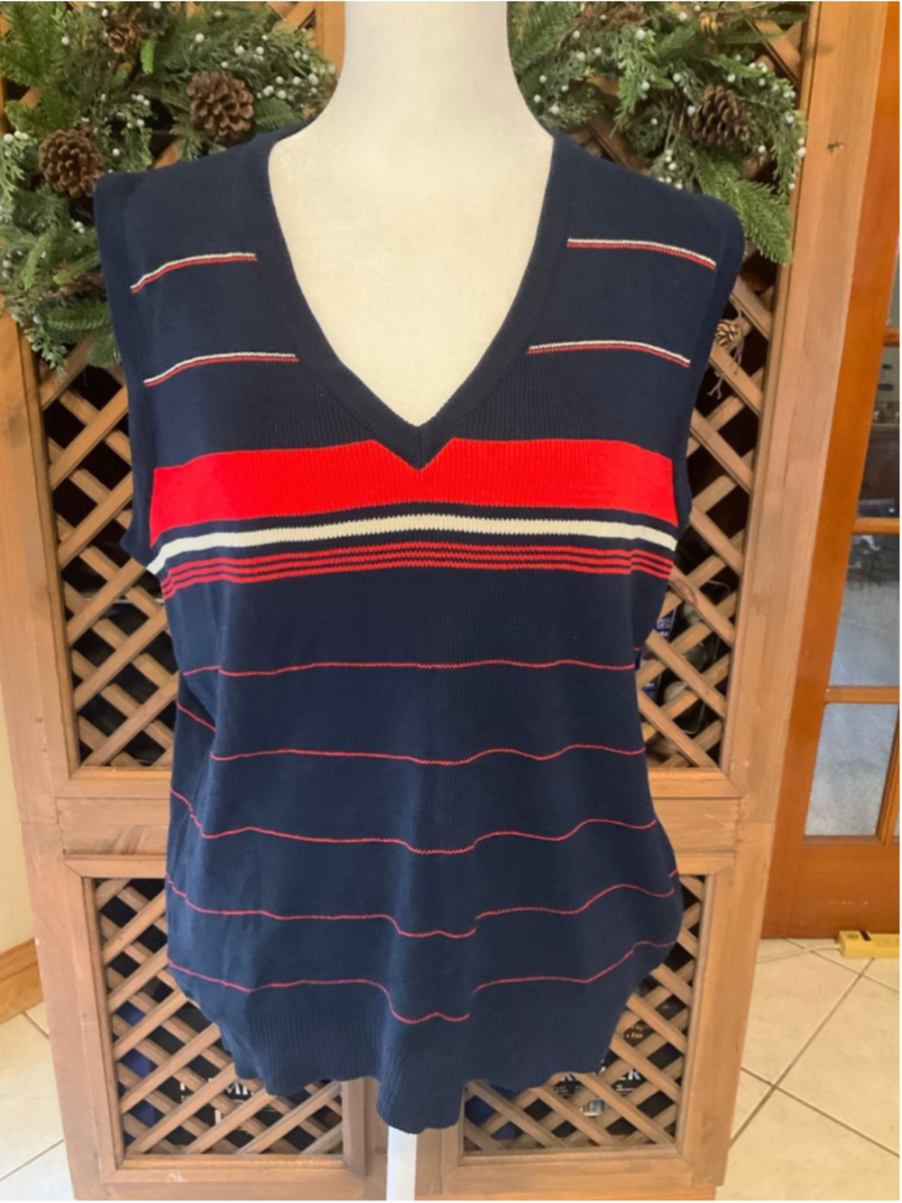 Vintage BHS Medium Navy Red Striped Sweater Vest Preppy Retro